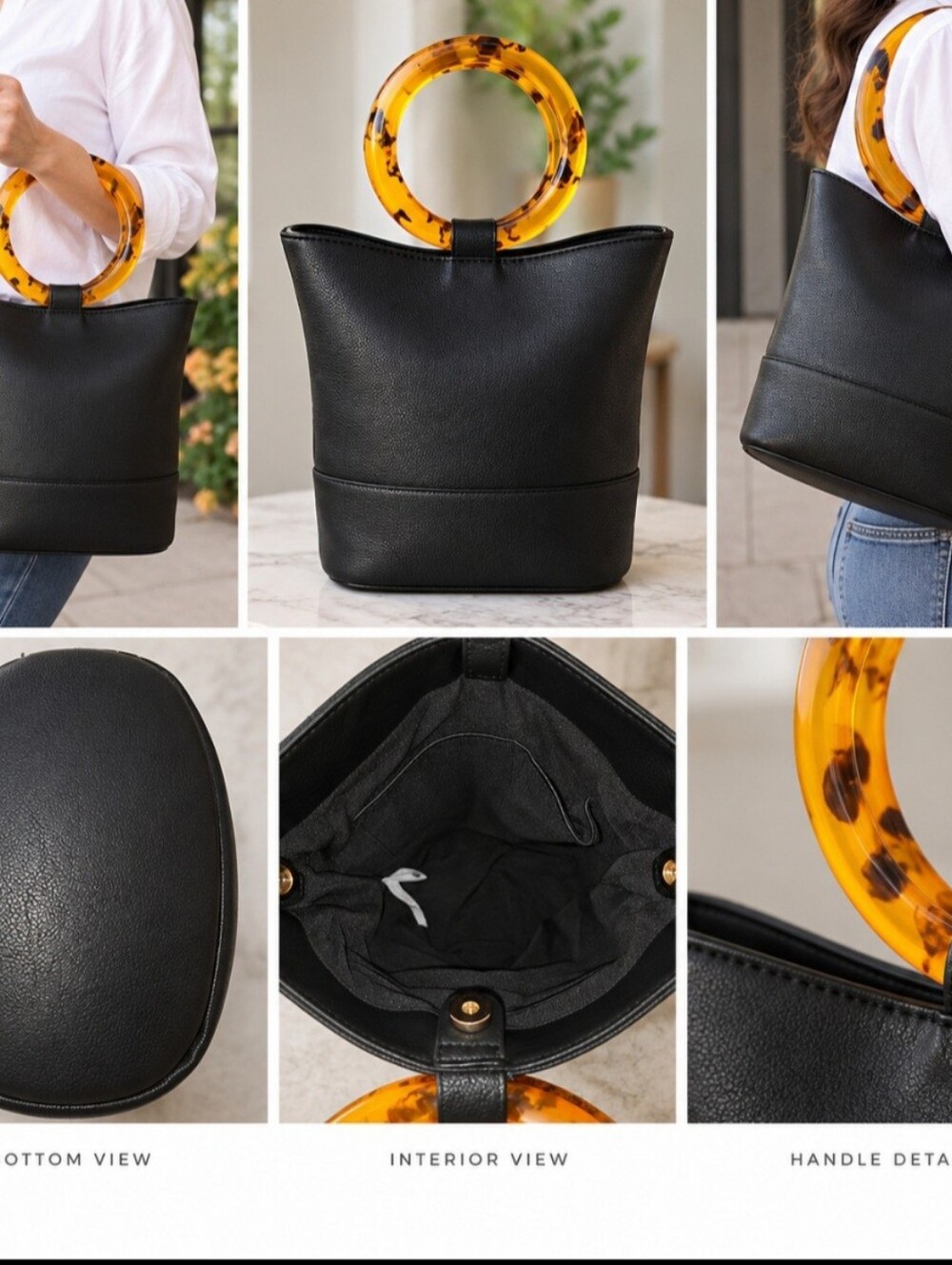 Black Leather Tote Bag with Amber Tortoiseshell Handle